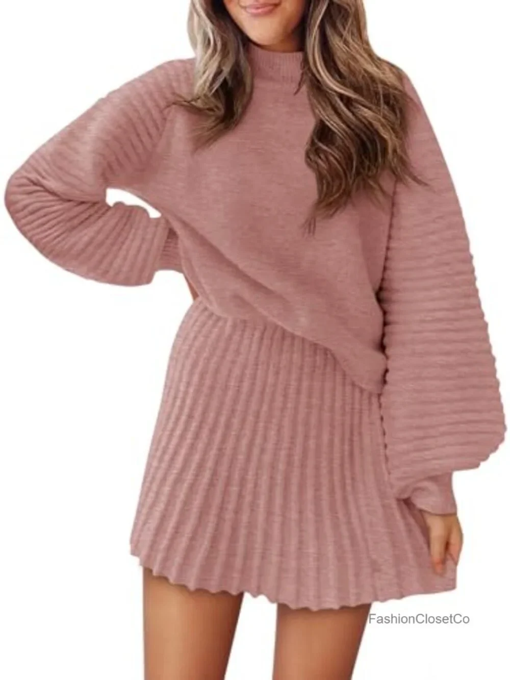 2 Piece Skirt Set Fall Fashion Mock Neck Ribbed Knit Sweater and Mini Skirt Two